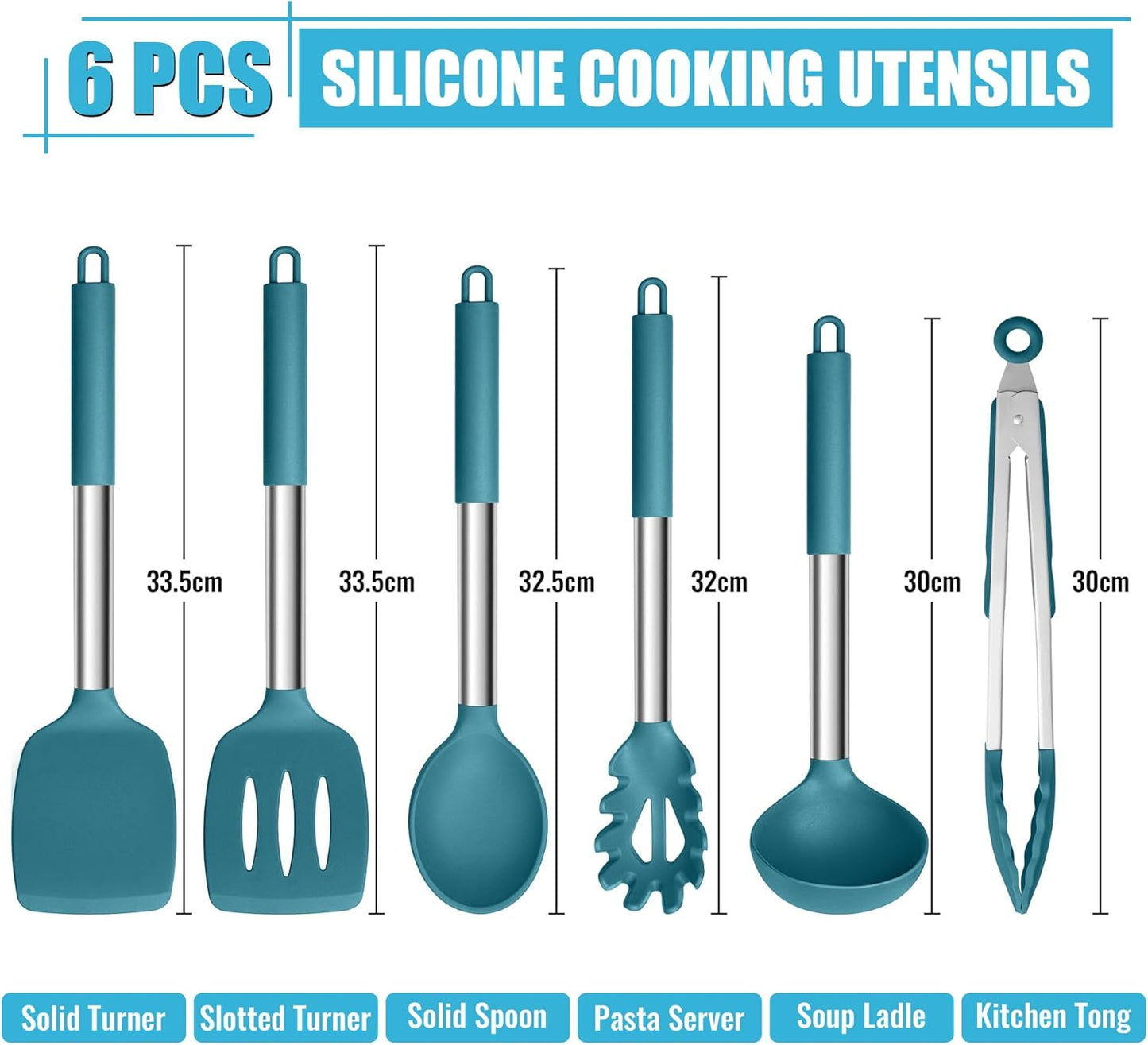 Kitchen Utensils Set, 6 Pcs Silicone Cooking Utensils Set with Stainless Steel Handle, Non-Stick Cooking Tools Turner Spatula Spoon Tong, Heat Resistant & Non-Scratch, Dishwasher Safe-Blue