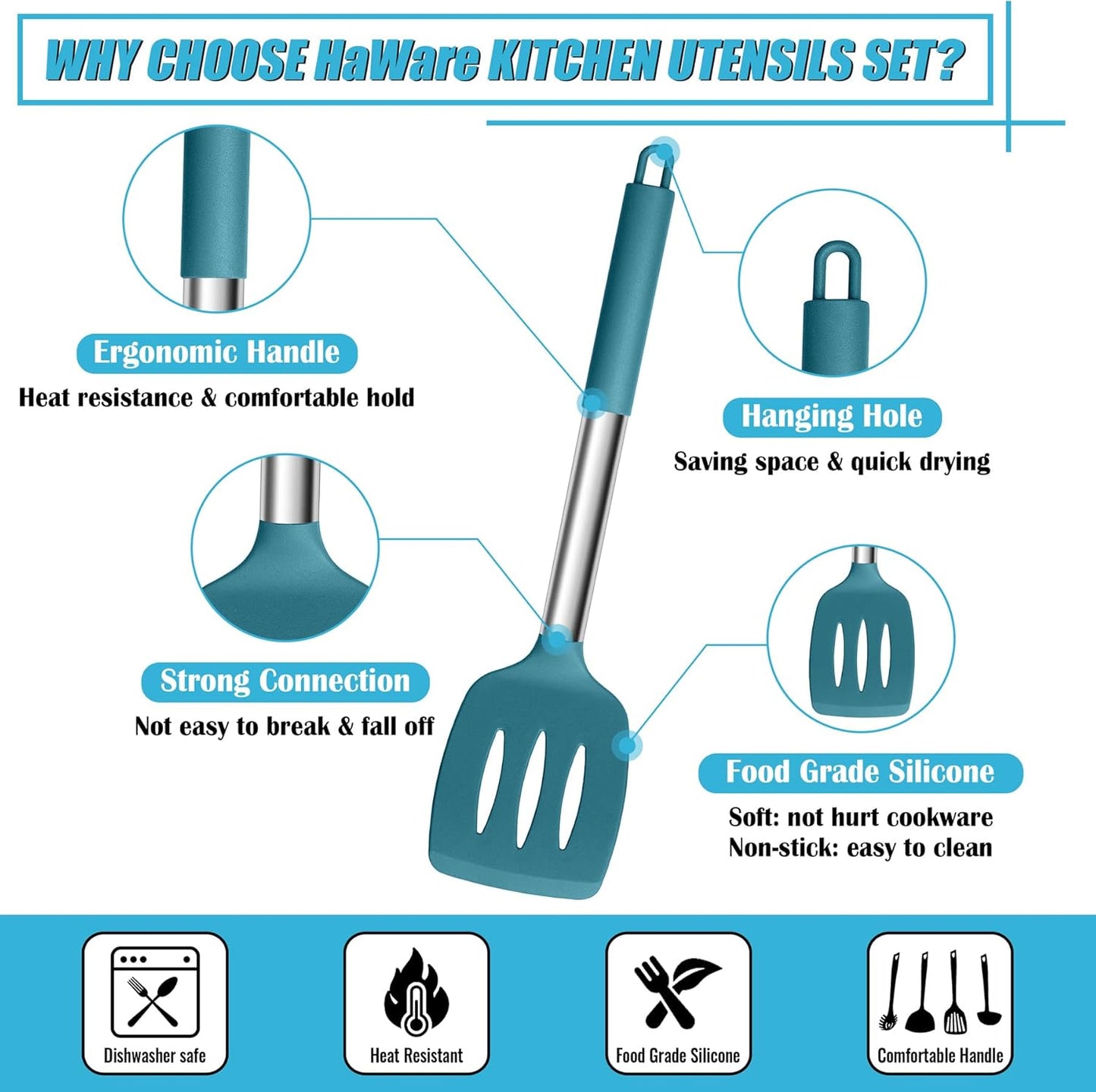 Kitchen Utensils Set, 6 Pcs Silicone Cooking Utensils Set with Stainless Steel Handle, Non-Stick Cooking Tools Turner Spatula Spoon Tong, Heat Resistant & Non-Scratch, Dishwasher Safe-Blue