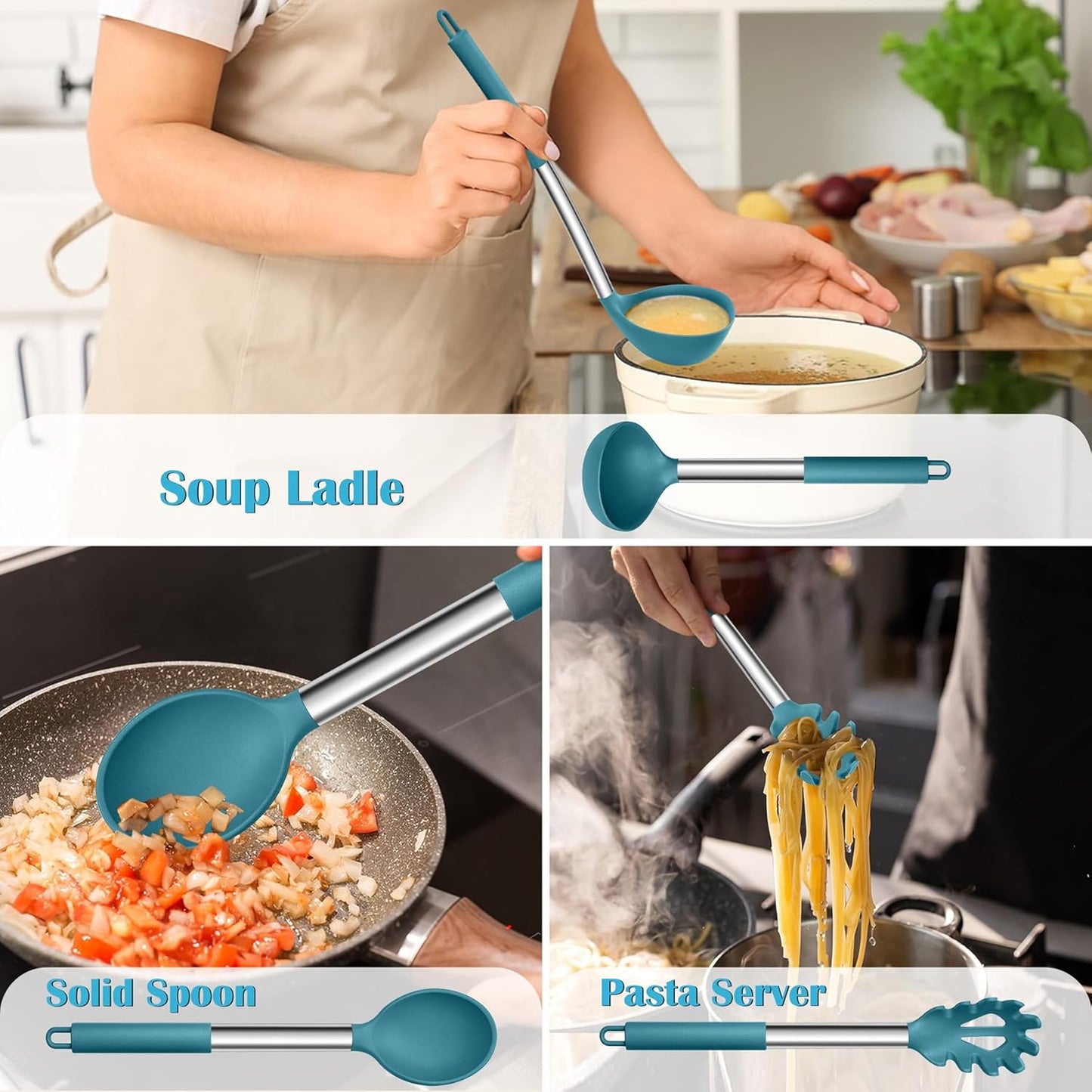 Kitchen Utensils Set, 6 Pcs Silicone Cooking Utensils Set with Stainless Steel Handle, Non-Stick Cooking Tools Turner Spatula Spoon Tong, Heat Resistant & Non-Scratch, Dishwasher Safe-Blue