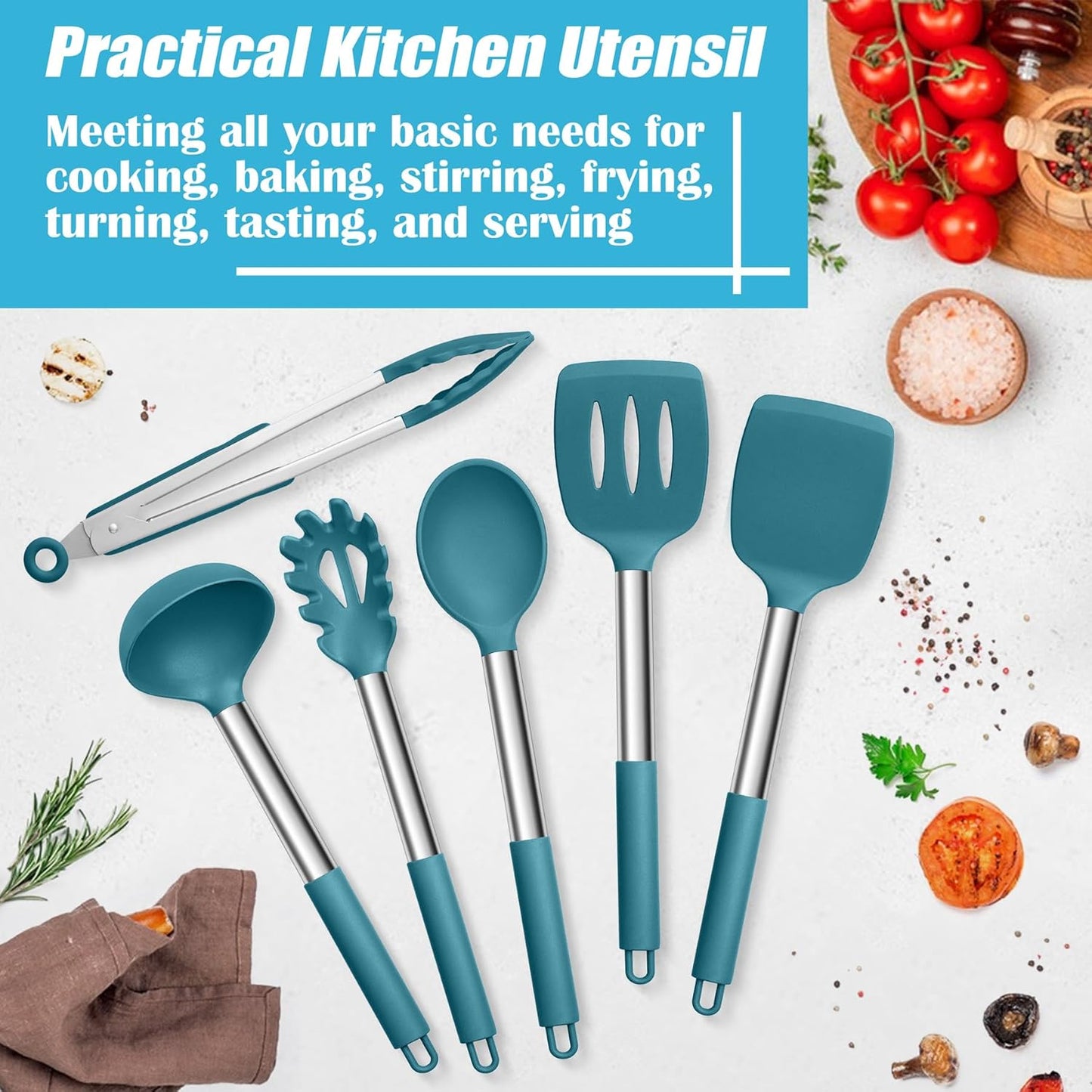 Kitchen Utensils Set, 6 Pcs Silicone Cooking Utensils Set with Stainless Steel Handle, Non-Stick Cooking Tools Turner Spatula Spoon Tong, Heat Resistant & Non-Scratch, Dishwasher Safe-Blue
