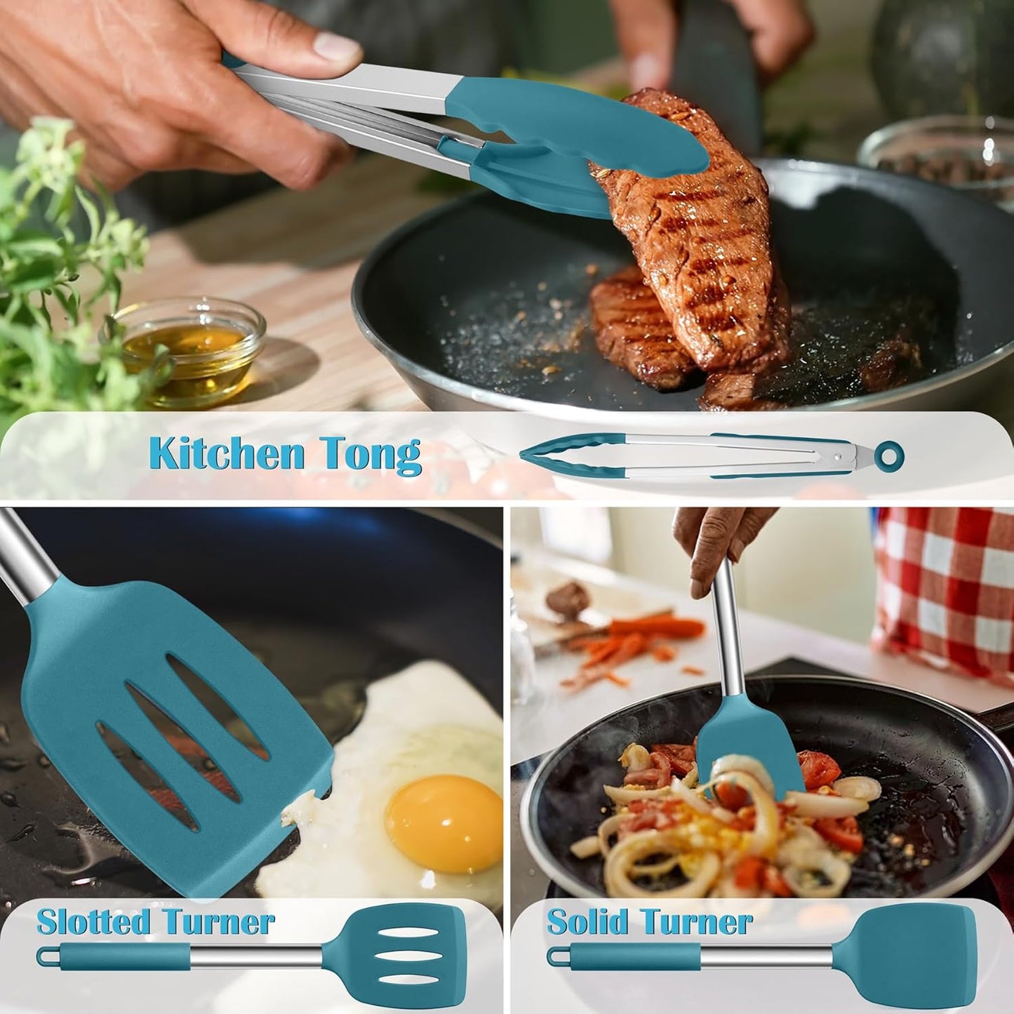 Kitchen Utensils Set, 6 Pcs Silicone Cooking Utensils Set with Stainless Steel Handle, Non-Stick Cooking Tools Turner Spatula Spoon Tong, Heat Resistant & Non-Scratch, Dishwasher Safe-Blue