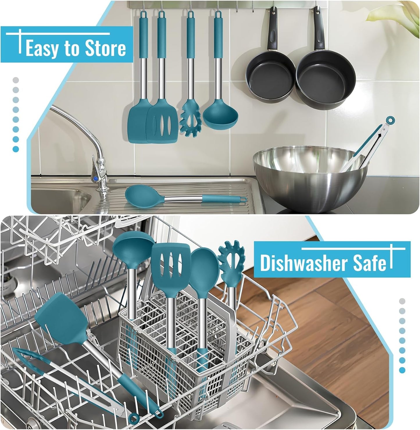 Kitchen Utensils Set, 6 Pcs Silicone Cooking Utensils Set with Stainless Steel Handle, Non-Stick Cooking Tools Turner Spatula Spoon Tong, Heat Resistant & Non-Scratch, Dishwasher Safe-Blue