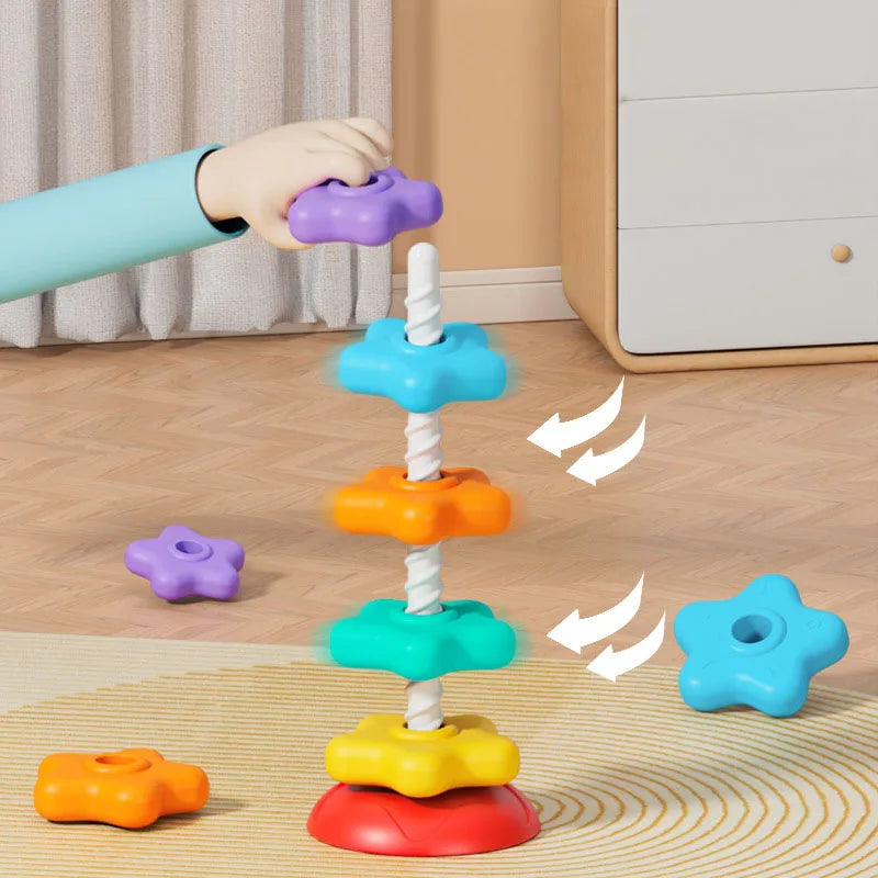 Montessori Rotating Rainbow Tower Baby Stacking Puzzle Toys Children Develop Motor Skills Game Spinning Stacking Toys Kids Gift