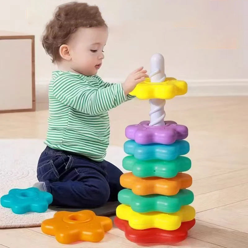 Montessori Rotating Rainbow Tower Baby Stacking Puzzle Toys Children Develop Motor Skills Game Spinning Stacking Toys Kids Gift