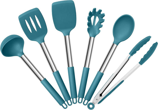Kitchen Utensils Set, 6 Pcs Silicone Cooking Utensils Set with Stainless Steel Handle, Non-Stick Cooking Tools Turner Spatula Spoon Tong, Heat Resistant & Non-Scratch, Dishwasher Safe-Blue