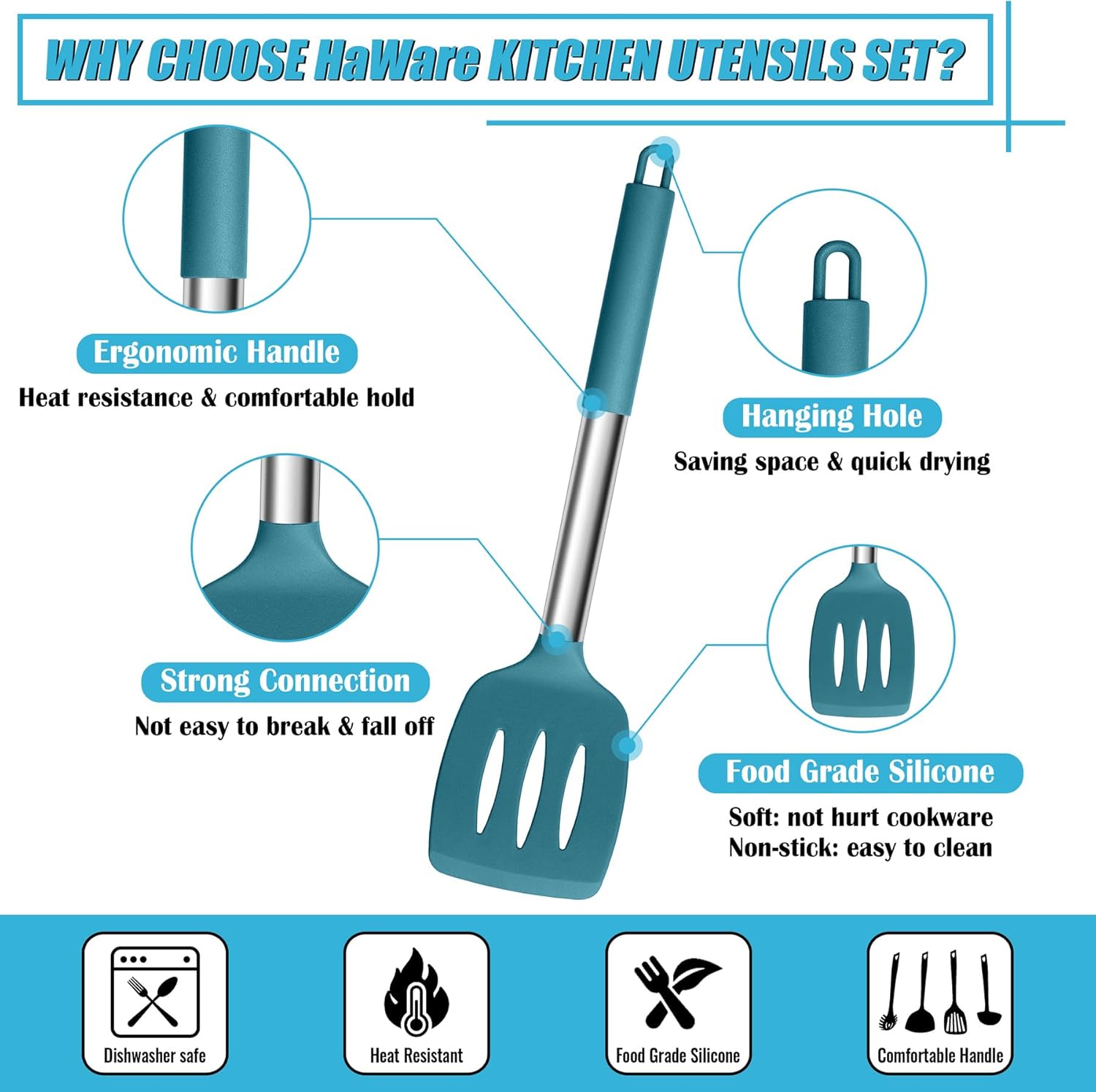 Kitchen Utensils Set, 6 Pcs Silicone Cooking Utensils Set with Stainless Steel Handle, Non-Stick Cooking Tools Turner Spatula Spoon Tong, Heat Resistant & Non-Scratch, Dishwasher Safe-Blue